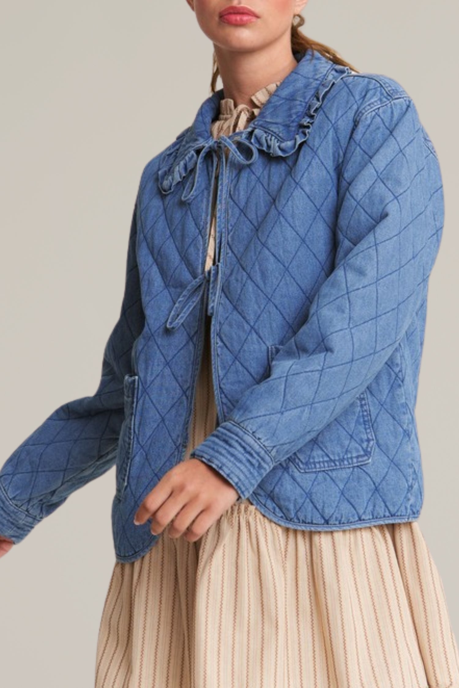 denim tie front quilted jacket