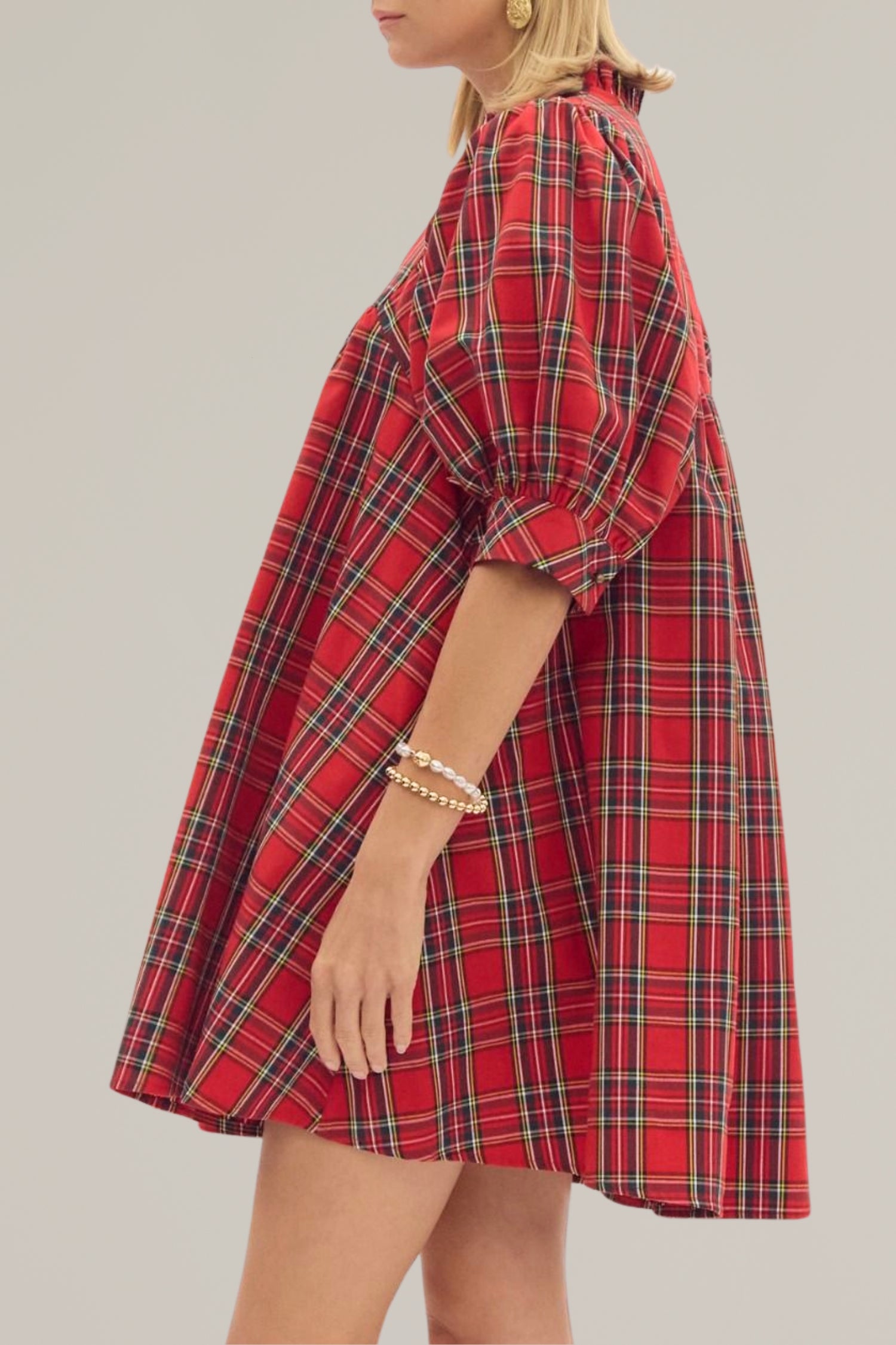 plaid puff sleeve holiday dress