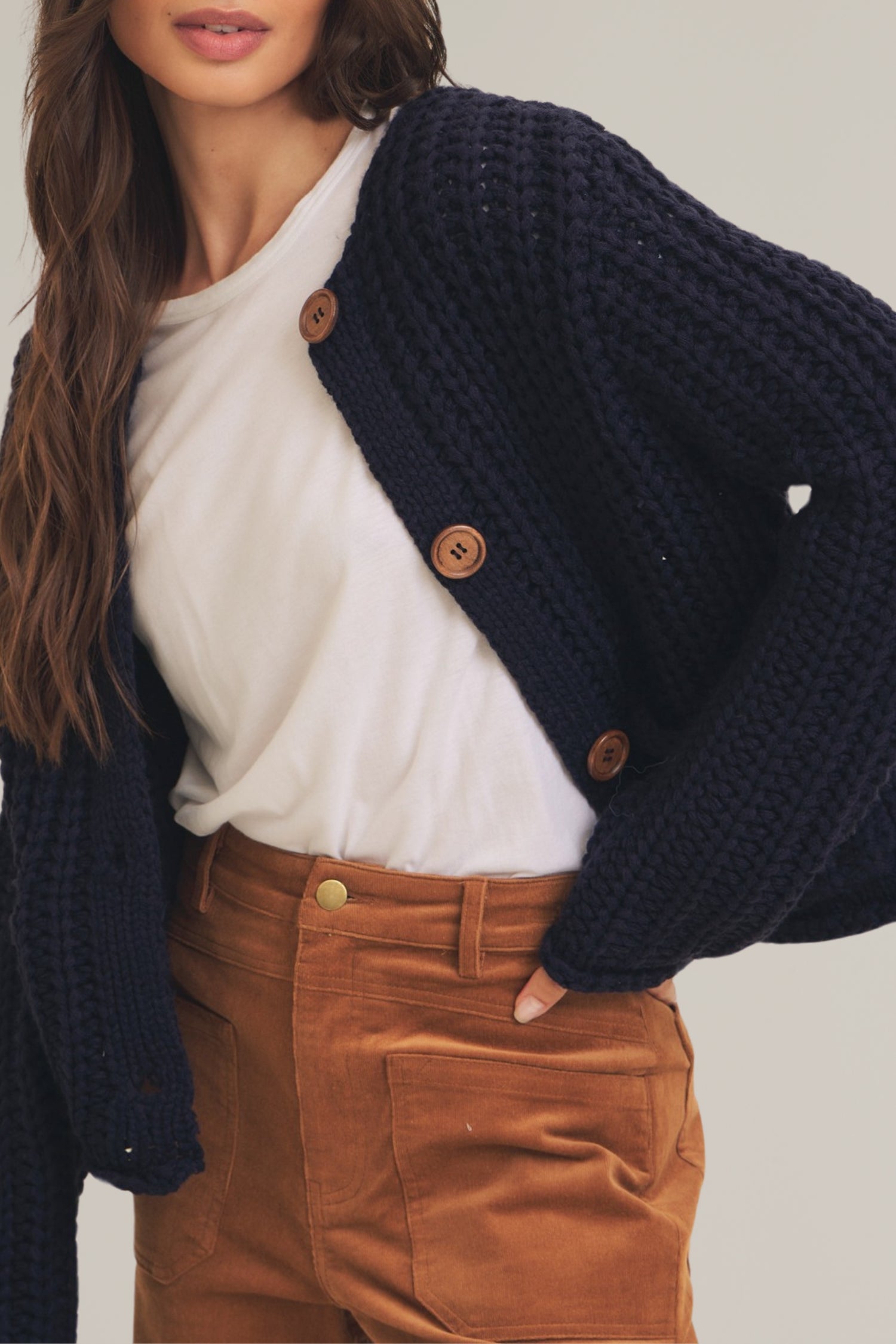 navy chunky knit button down sweater