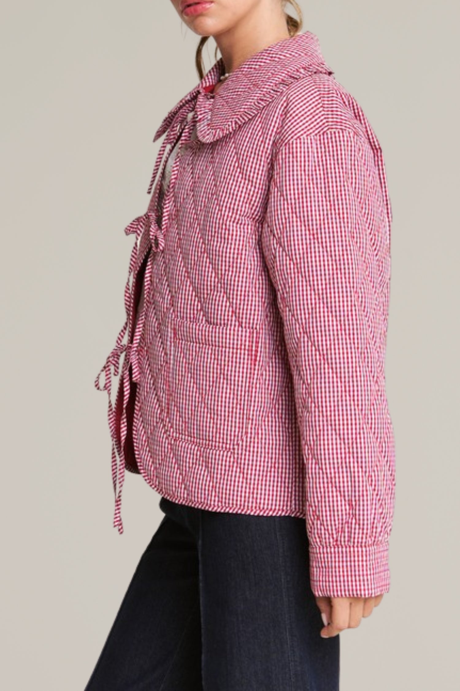 red gingham tie front quilted jacket